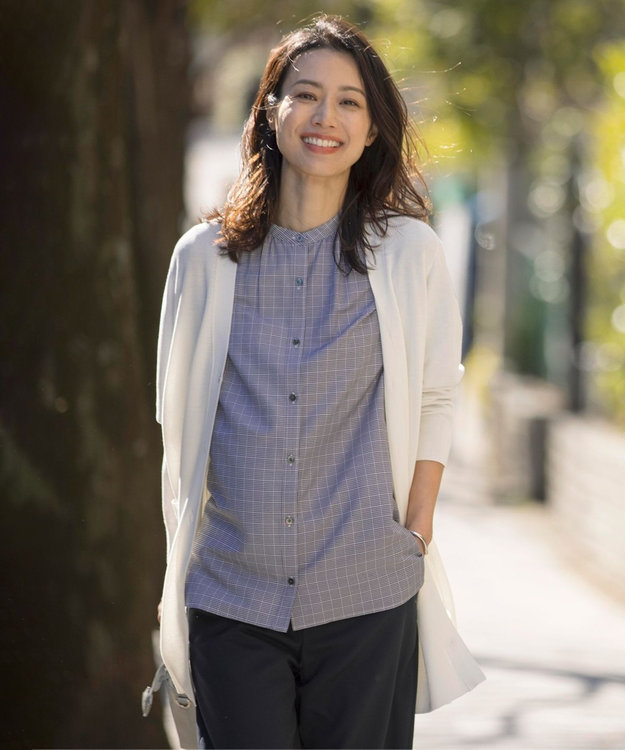 J.PRESS LADIES L 【洗える】セルロース チェック バンドカラー ブラウス ネイビー系3