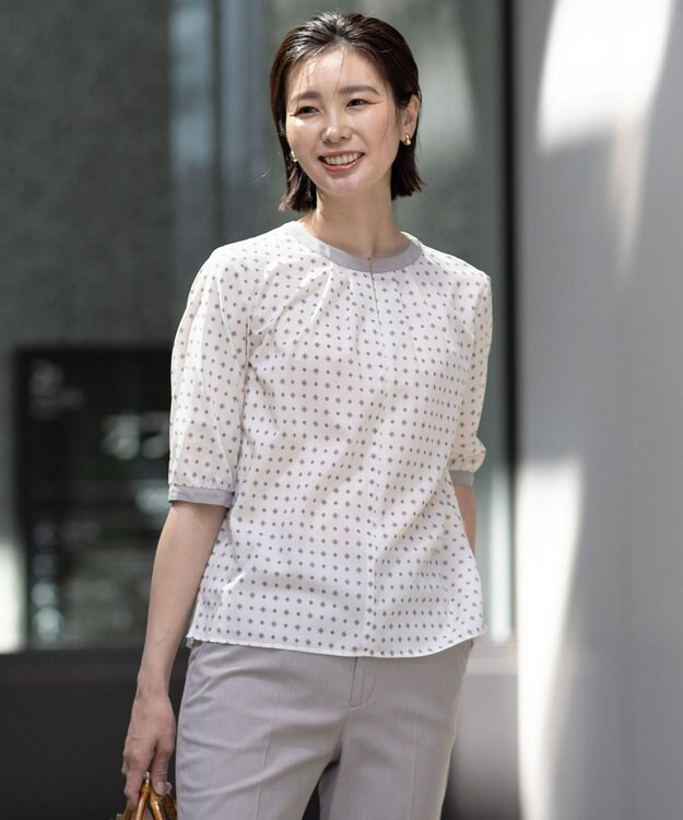 J.PRESS LADIES S 【洗える】ジオメトリックプリント ブラウス オフ系