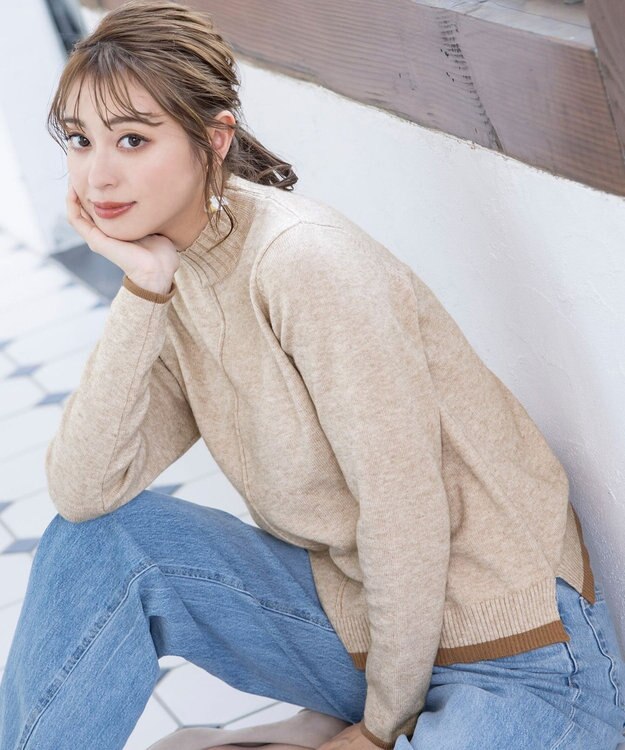 Tiaclasse L 【洗える】もっちり素材が肌触り抜群の配色ニットトップス ベージュ