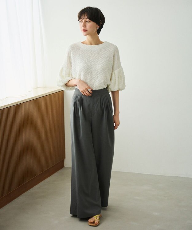 #Newans 【金子綾さんインスタライブご紹介アイテム】【洗える/セットアップ可能】ふくれジャガード パフスリーブブラウス ホワイト