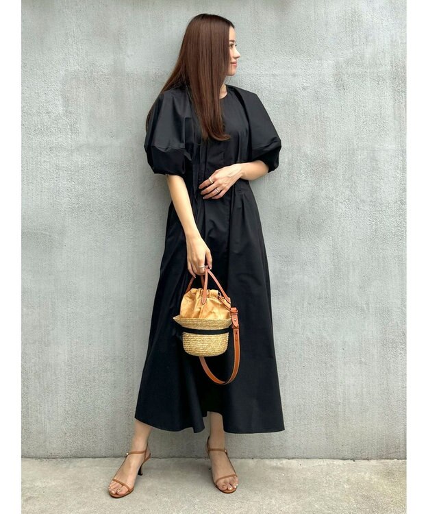 Green Parks ボリューム袖ロングワンピース Black