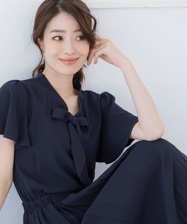 Tiaclasse 【洗える】リボンタイプリーツワンピース ネイビー