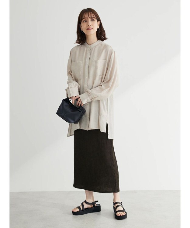 Green Parks バンドカラーポケット付きシアーシャツ Gray Beige