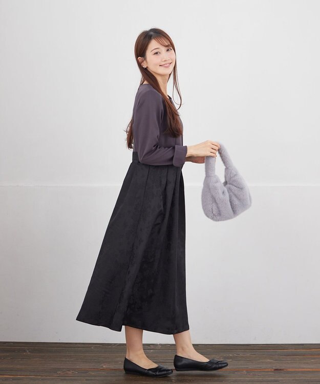 Tiaclasse フラワージャガードドッキングワンピース チャコールグレー×ブラック