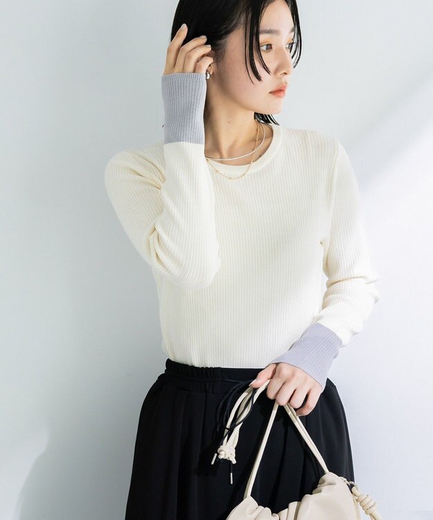 Green Parks アンチピリング袖配色ニットプルオーバー Ivory