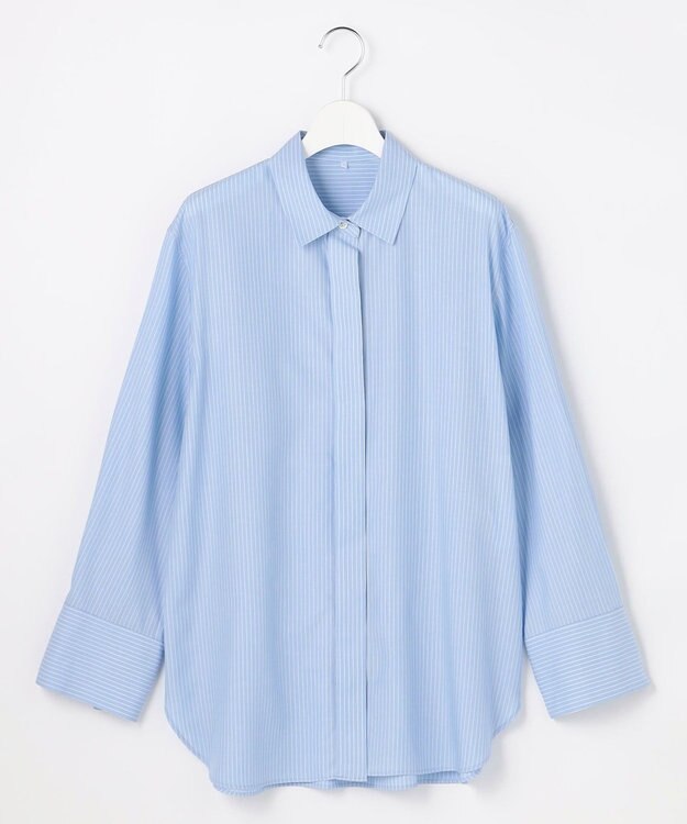 自由区 【着回し力抜群・レイヤードにも】ドレープブロード シャツブラウス サックス×白ライン