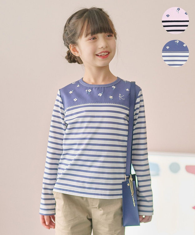 組曲 KIDS 【150-160㎝】フラワー刺繍ボーダー Tシャツ ダスクブルー系