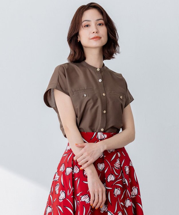 組曲 【洗える・涼感】シアーボイルバンドカラー ブラウス ダークブラウン系