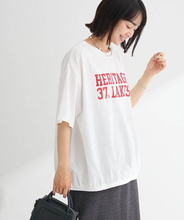 Green Parks カレッジロゴ刺繍５分袖チュニック Off White