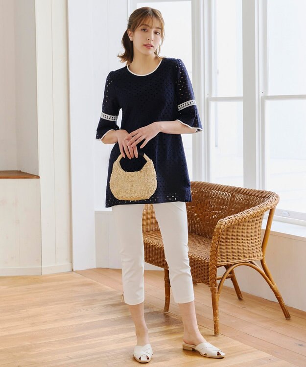 Tiaclasse 【小倉優子さん着用・洗える】パンチングレース配色チュニック ネイビー×オフホワイト