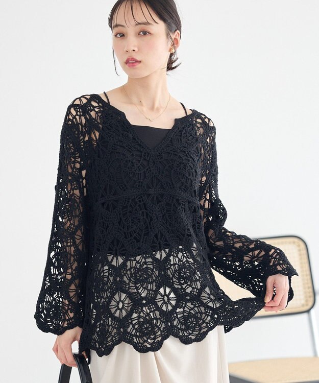 earth music&ecology クロシェ風プルオーバー Black