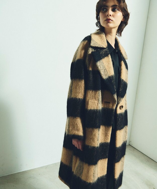 GRACE CONTINENTAL シャギーチェックチェスターコート キャメル