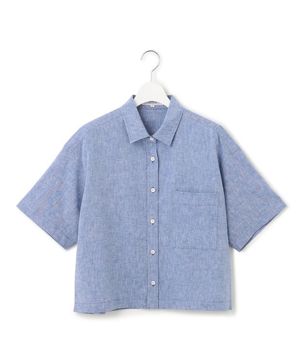 23区 【SLOW/洗える】リネンコットン 半袖クロップドシャツ ブルー系