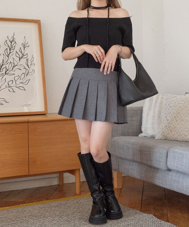 WEGO チョーカーリボン付きオフショルニット ブラック