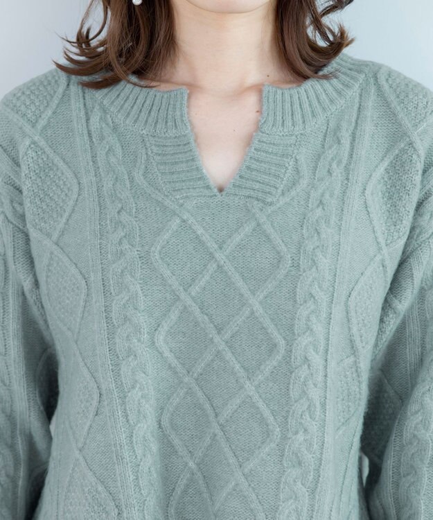 Tiaclasse 【洗える】アラン柄キーネックニットトップス ミント