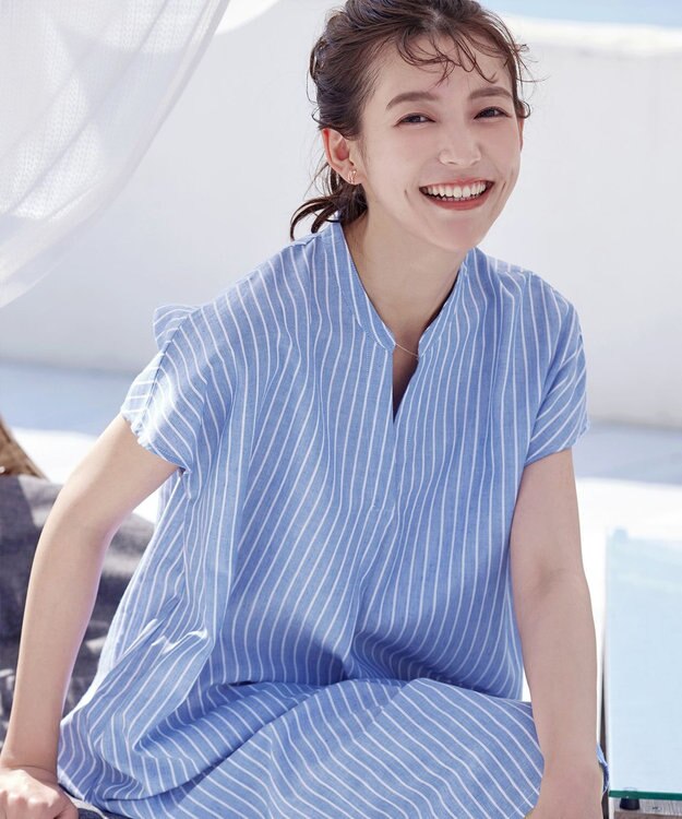 Tiaclasse 【洗える】リネンミックススキッパーシャツワンピース サックスストライプ