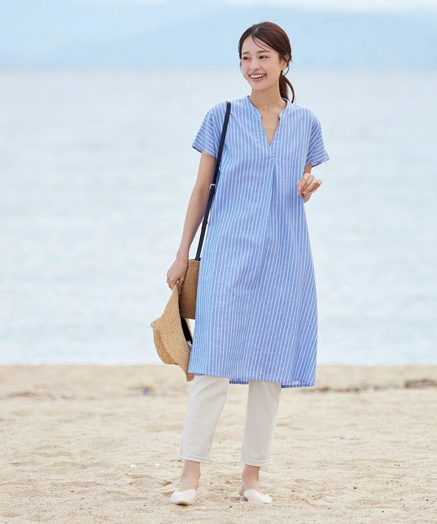 Tiaclasse 【洗える】リネンミックススキッパーシャツワンピース サックスストライプ