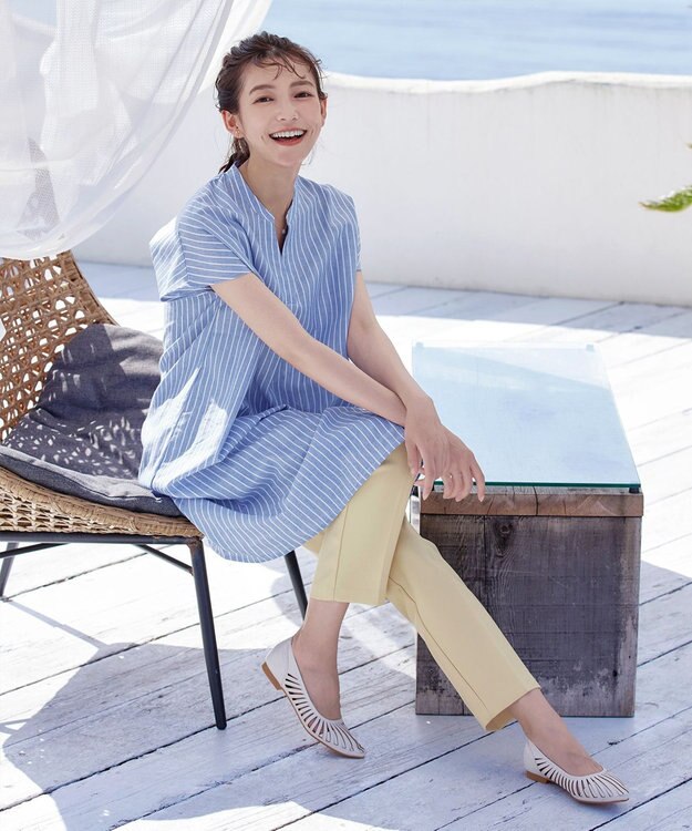 Tiaclasse 【洗える】リネンミックススキッパーシャツワンピース サックスストライプ