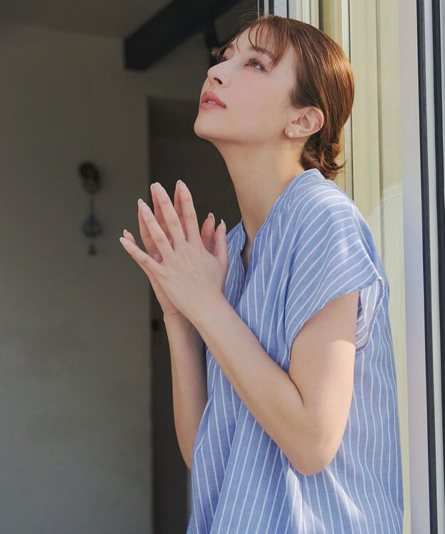 Tiaclasse 【洗える】リネンミックススキッパーシャツワンピース サックスストライプ