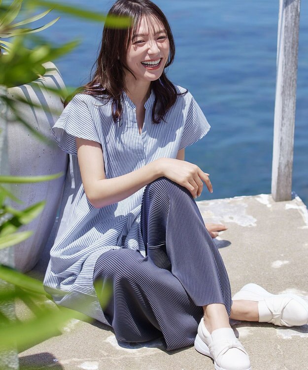 Tiaclasse 【洗える】リネンミックススキッパーシャツワンピース ブルーグレーストライプ