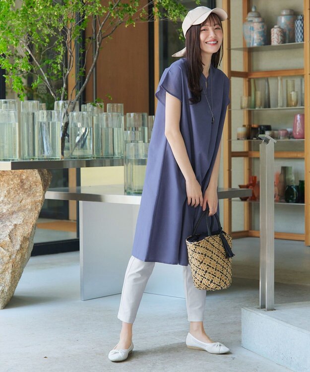 Tiaclasse 【洗える】リネンミックススキッパーシャツワンピース ブルーグレー