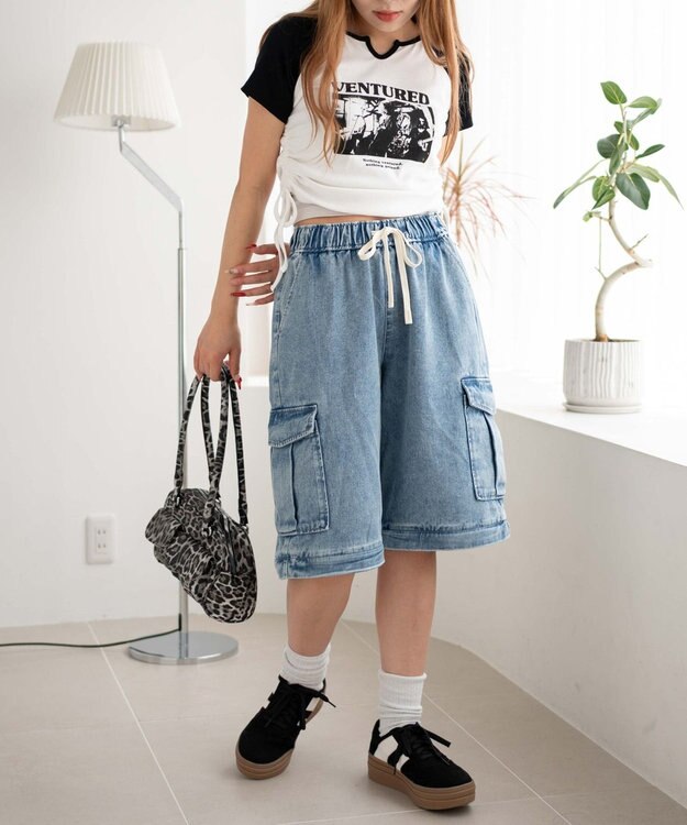 WEGO 【ウエストゴム/2WAY】2WAYデニムカーゴパンツ デニム淡加工色