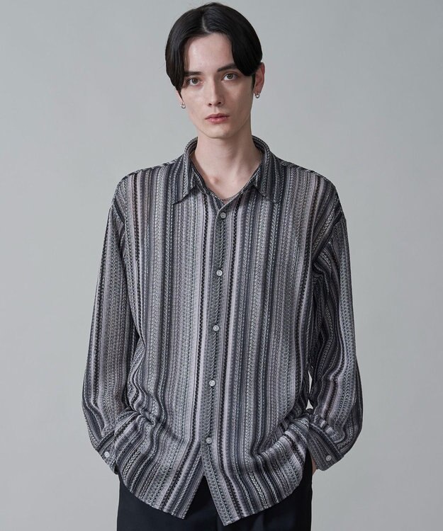 WEGO ストライプメッシュBIGシャツ（LS） グレー