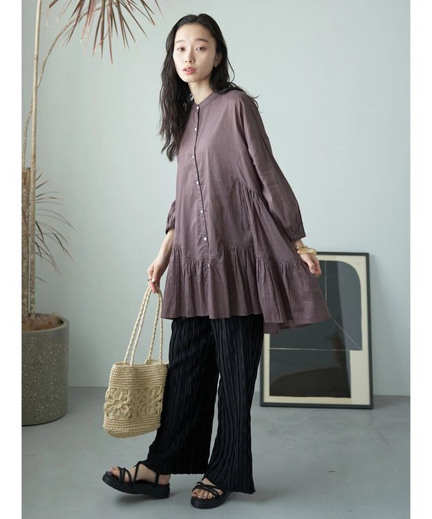 earth music&ecology コットンボイル切替ティアードチュニック Brown