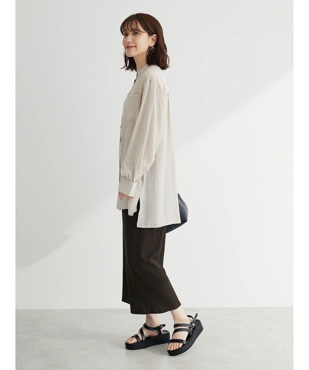 Green Parks バンドカラーポケット付きシアーシャツ Gray Beige