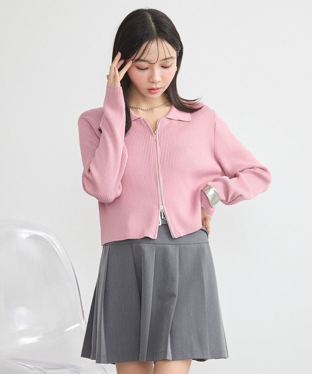 earth music&ecology Wジップリブカーディガン ピンク