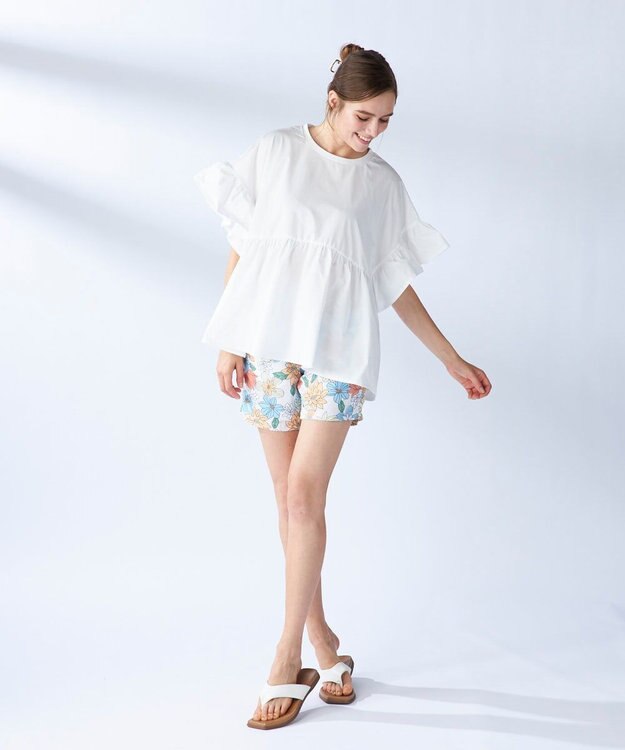 OP／FILA 【Ocean Pacific】らくティブ｜ティアード袖フレアカットソー ホワイト