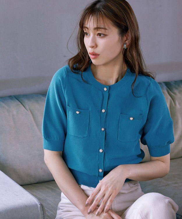 Tiaclasse 【洗える】鹿の子柄ニットショートカーディガン ブルー