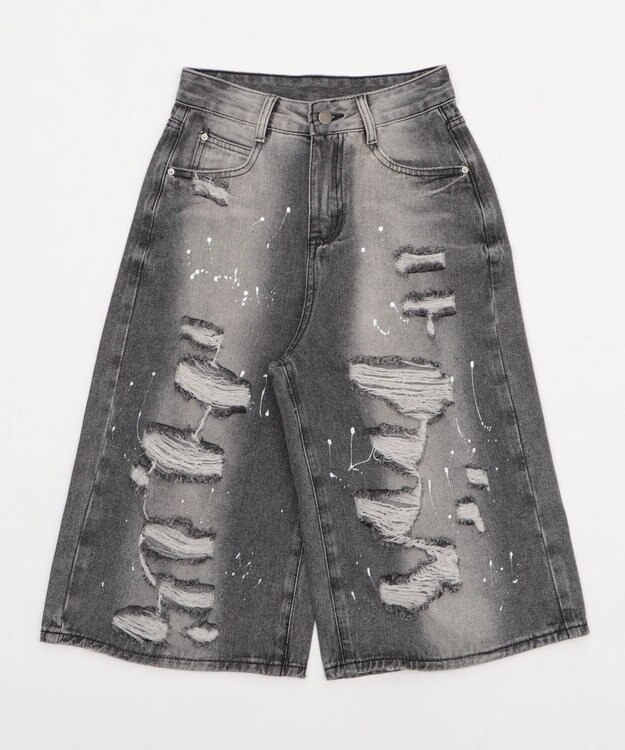 WEGO タイ付きダメージハーフデニムパンツ デニムブラック