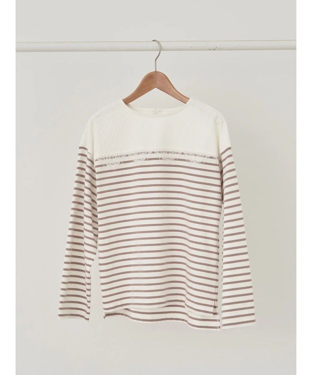 earth music&ecology レースボーダーカットソープルオーバー Beige