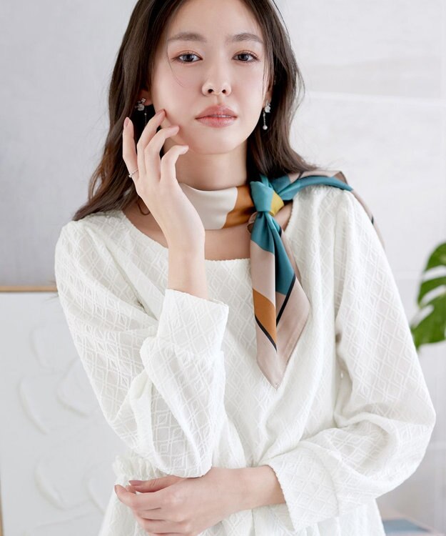 Tiaclasse L ダイヤ柄ジャガードパフスリチュニック オフホワイト