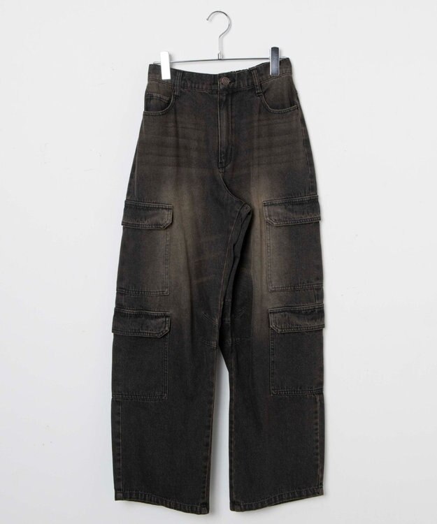 WEGO ヴィンテージウォッシュデニムカーブカーゴパンツ ブラック