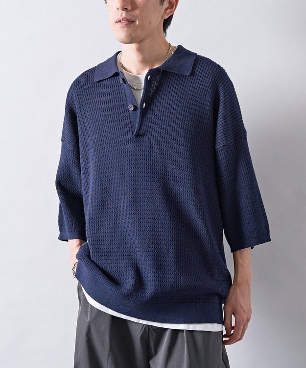 CRAFT STANDARD BOUTIQUE 透かし編み半袖ニットポロシャツ Navy