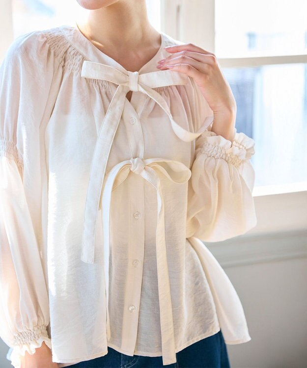 Feroux ダブルリボンシアー ブラウス アイボリー系