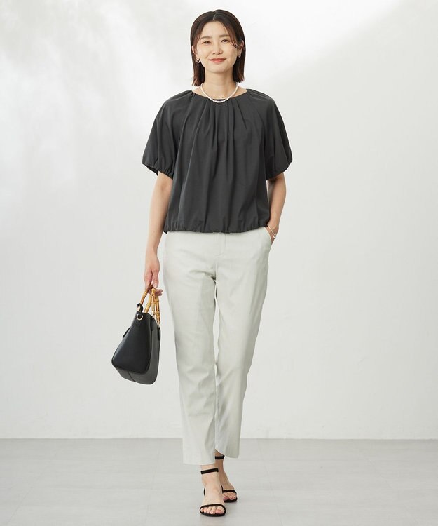 J.PRESS LADIES 【洗える】セルロースリネンストレッチ テーパード パンツ ライトグレー系