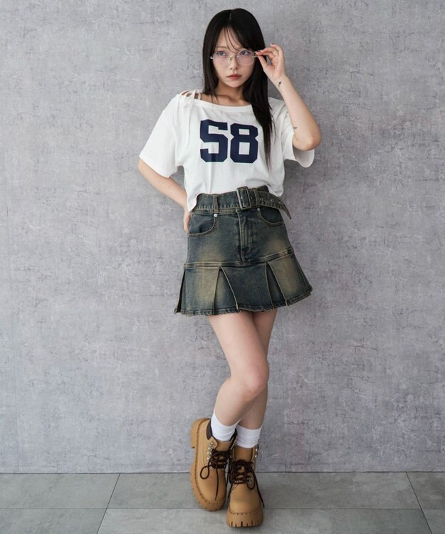 WEGO ベルト付デニムプリーツスカパン デニム濃加工色