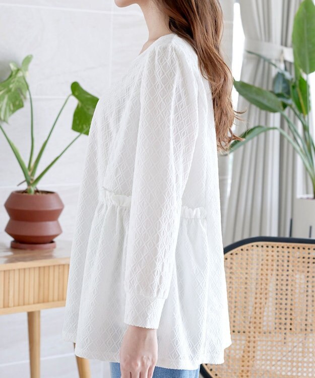 Tiaclasse L ダイヤ柄ジャガードパフスリチュニック オフホワイト