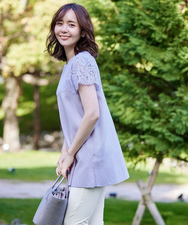 Tiaclasse 【洗える】レースコンビフレンチスリーブニットチュニック ラベンダー