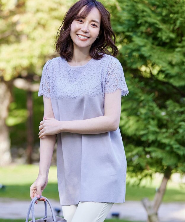 Tiaclasse 【洗える】レースコンビフレンチスリーブニットチュニック ラベンダー