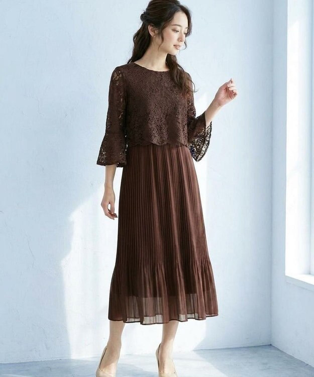 ANY SIS 【Lily Calin】レース×プリーツコンビ ドレス ブラウン