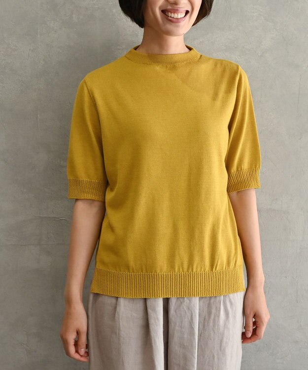 muuc 〈高品質シルク＆スーピマ超長綿〉〈洗えるニット〉半袖ボトルネックプルオーバー イエロー
