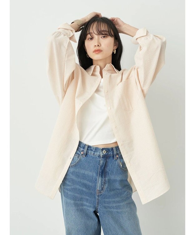 earth music&ecology サッカーストライプボーイズライクシャツ Orange