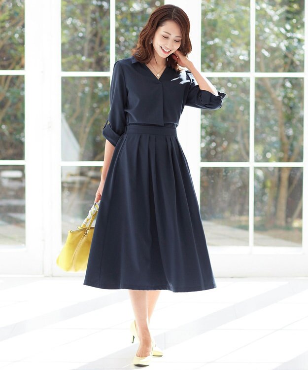 Tiaclasse L 【洗える】小顔効果も期待できるスキッパーシャツワンピース ネイビー