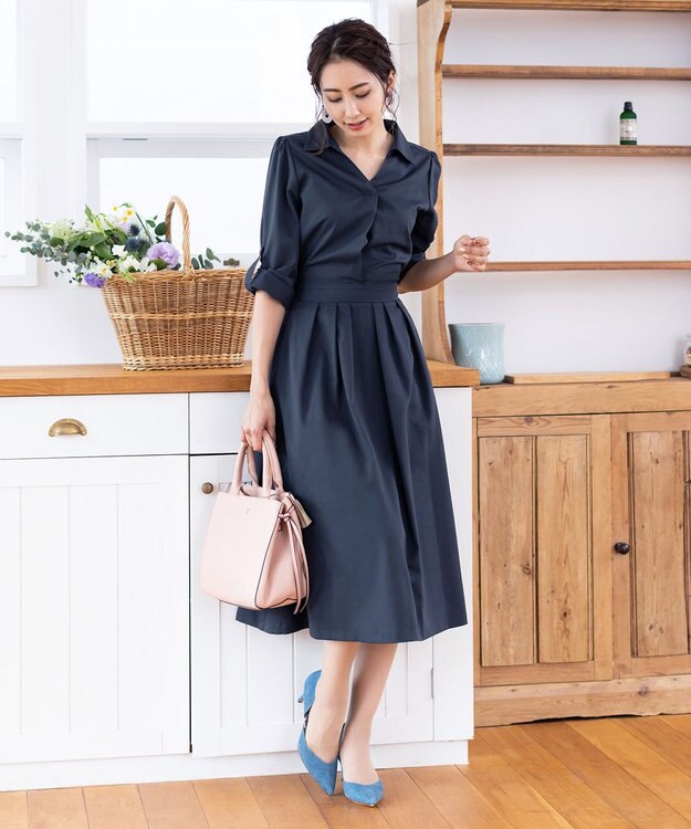 Tiaclasse L 【洗える】小顔効果も期待できるスキッパーシャツワンピース ネイビー