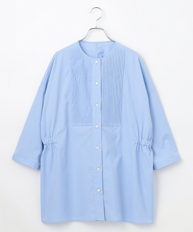 #Newans 【洗濯機可能/シワになりにくい】〈お腹・腰回りをカバー〉ピンタックデザインスクエアブラウス ブルー