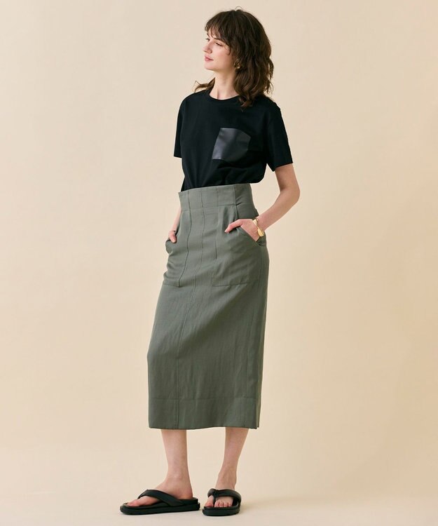 BEIGE， 【WEB限定・洗える】TORENIA / レザーポケットコットンクルーネックTシャツ Black×Black